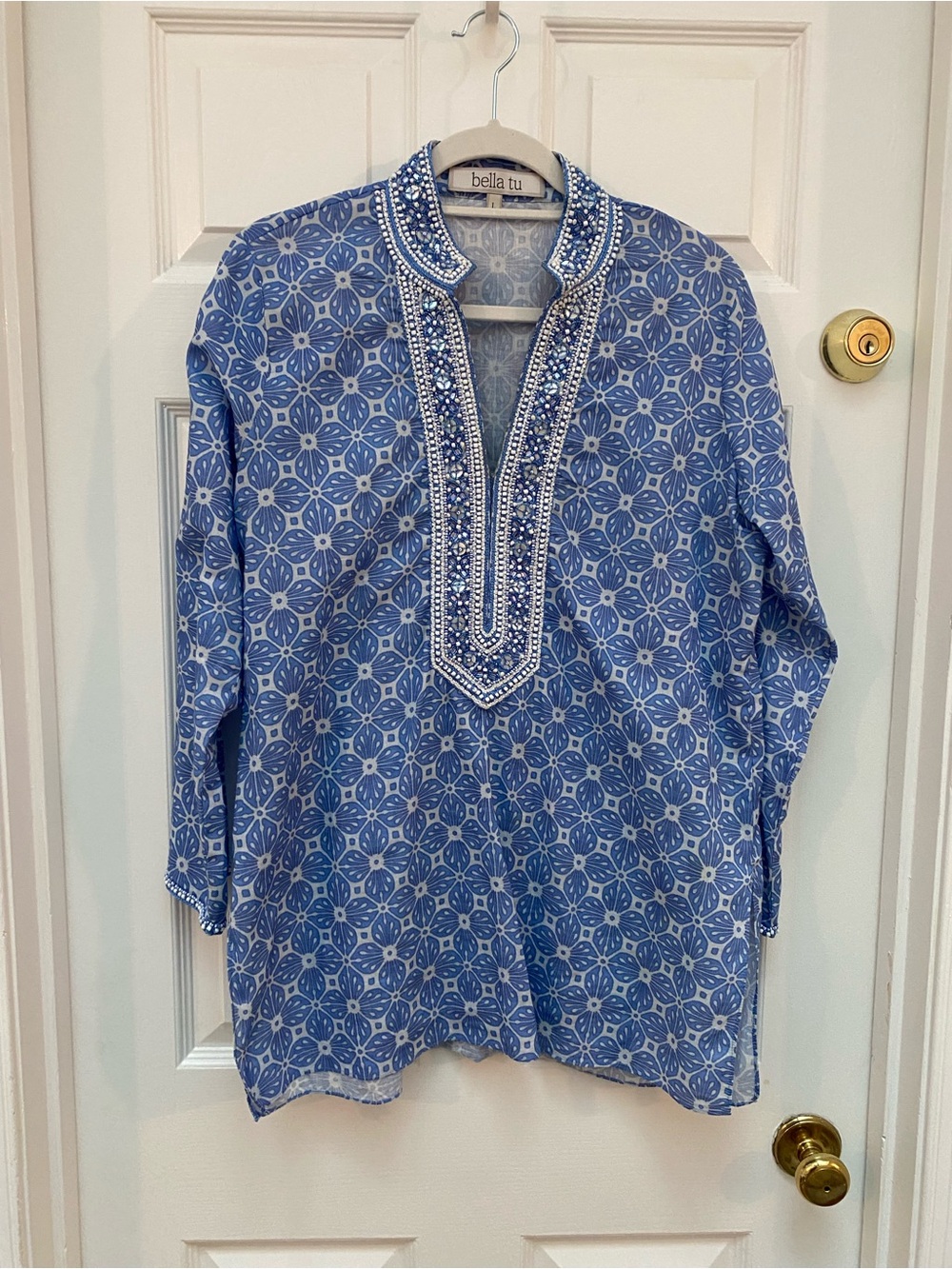 Bella Tu Blue & White w Gorgeous Beaded Embellishments 100% Cotton Tunic - L
